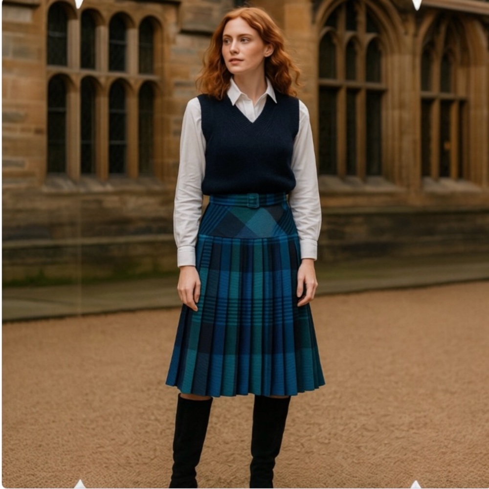 Vintage Blue and Teal Plaid Pleated Midi Skirt